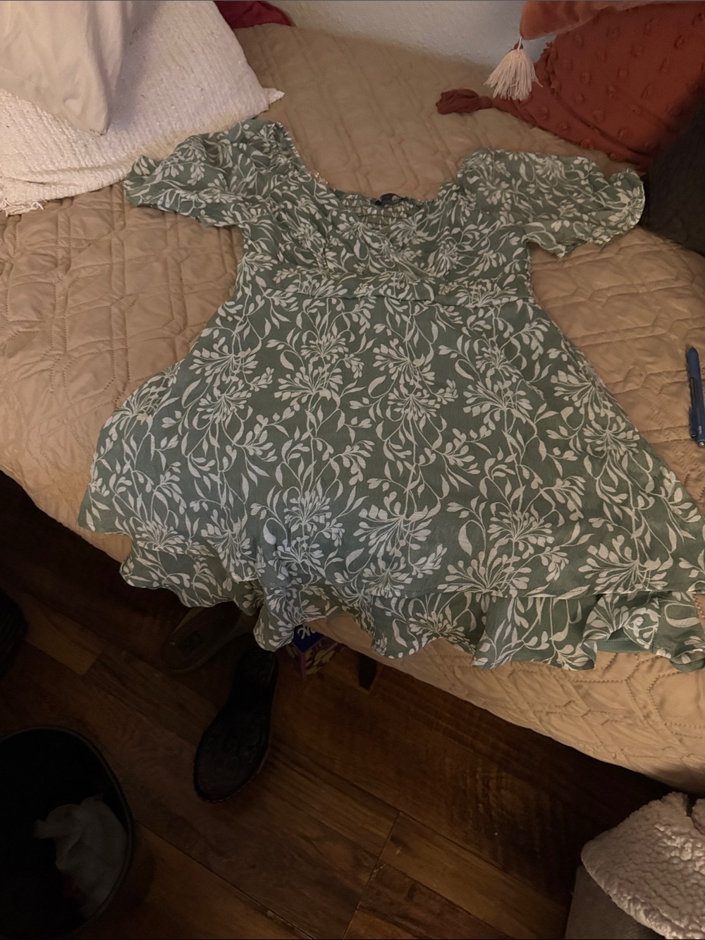 Green Floral Puff Sleeve Wrap Dress